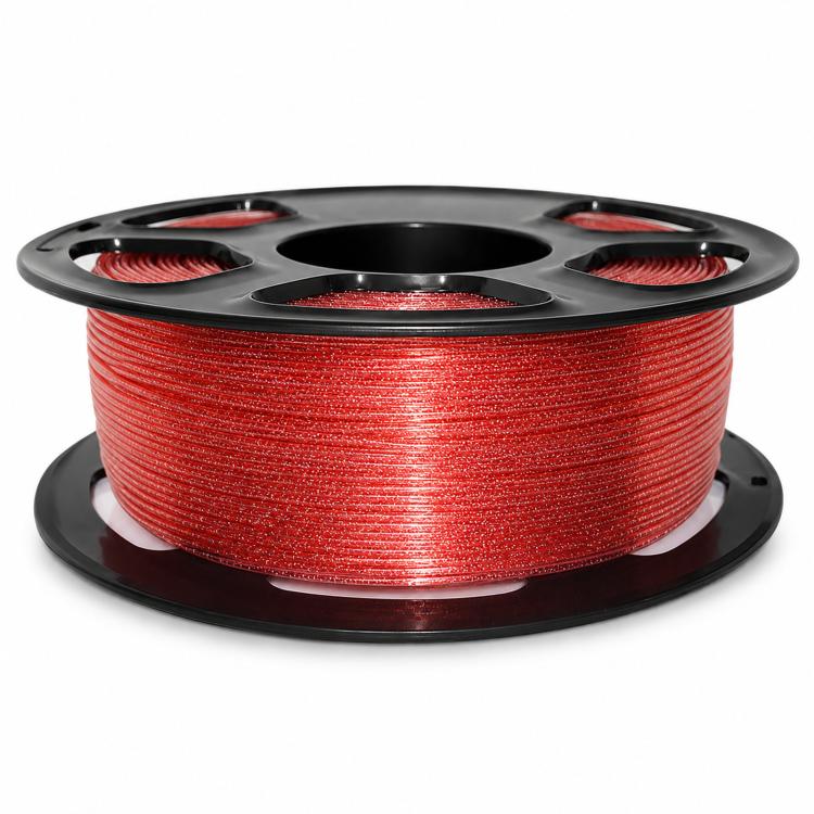 Red glitter PETG filament on black spool reel, shiny metallic glitter filament winding
