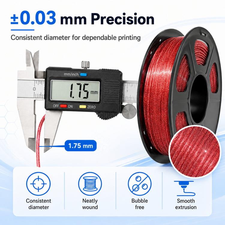 Red glitter PETG filament spool shown with caliper measuring 1.75 mm diameter