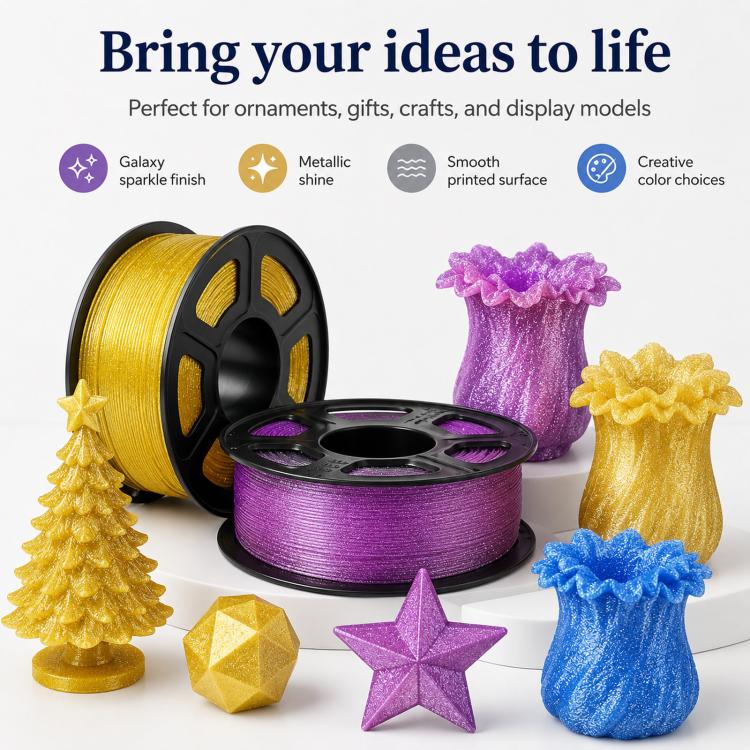 Glitter galaxy-effect PETG filament spools with purple and gold color, plus star ornaments