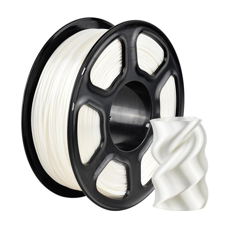 White shiny PLA 3D printer filament on black spool with wrapped coil strands