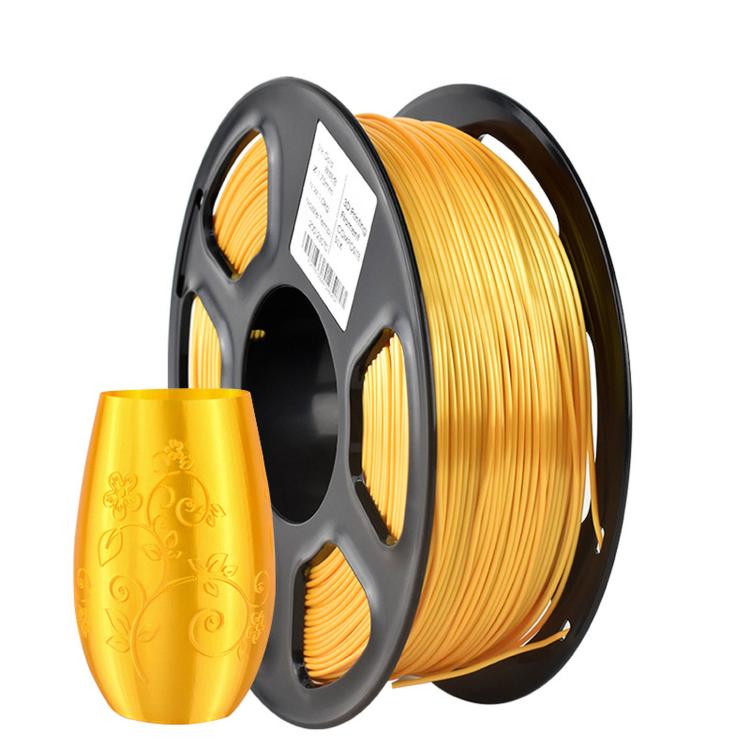 Gold metallic PLA filament on black spool with orange cone-shaped label