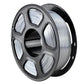 Silver metallic PLA filament on gray spool with tightly wound coil on black reel
