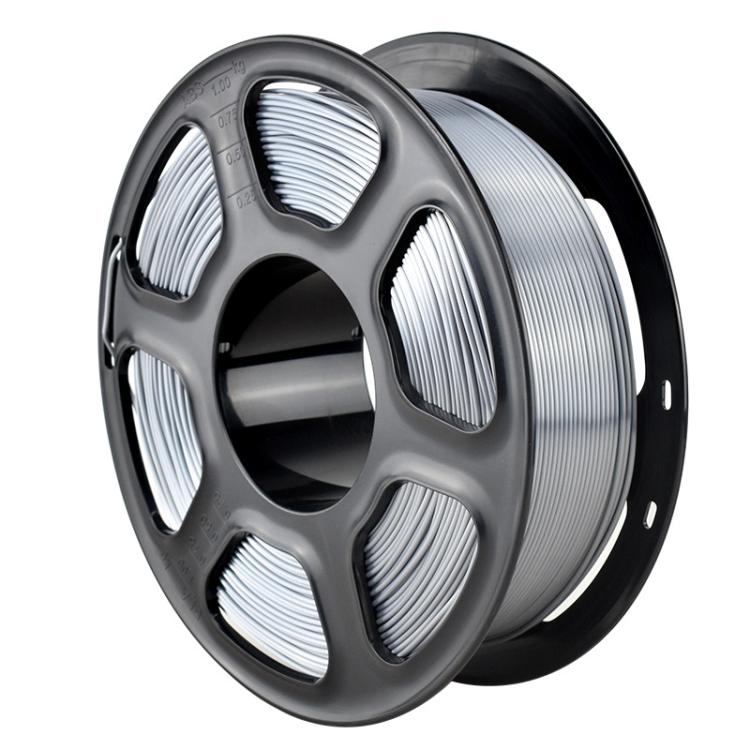 Silver metallic PLA filament on gray spool with tightly wound coil on black reel