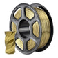 Bronze metallic PLA filament on black spool with geometric cardboard-like sample pieces