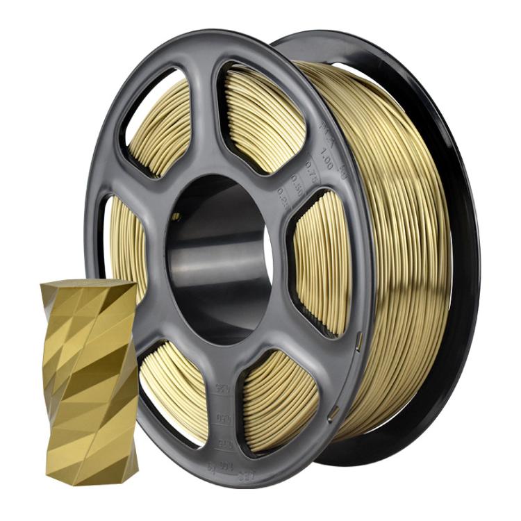 Bronze metallic PLA filament on black spool with geometric cardboard-like sample pieces