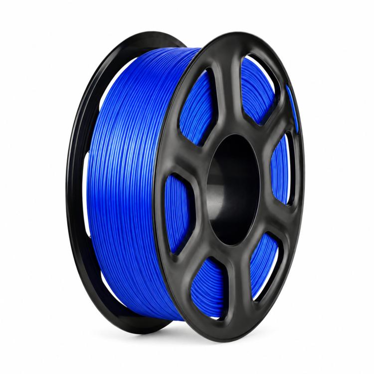 Blue shiny PLA filament on black spool with tightly wound coil strands