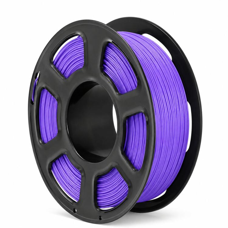 Purple metallic PLA filament on black spool with tightly wound coil strands