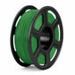 Green metallic PLA filament on black spool with tightly wound coil strands