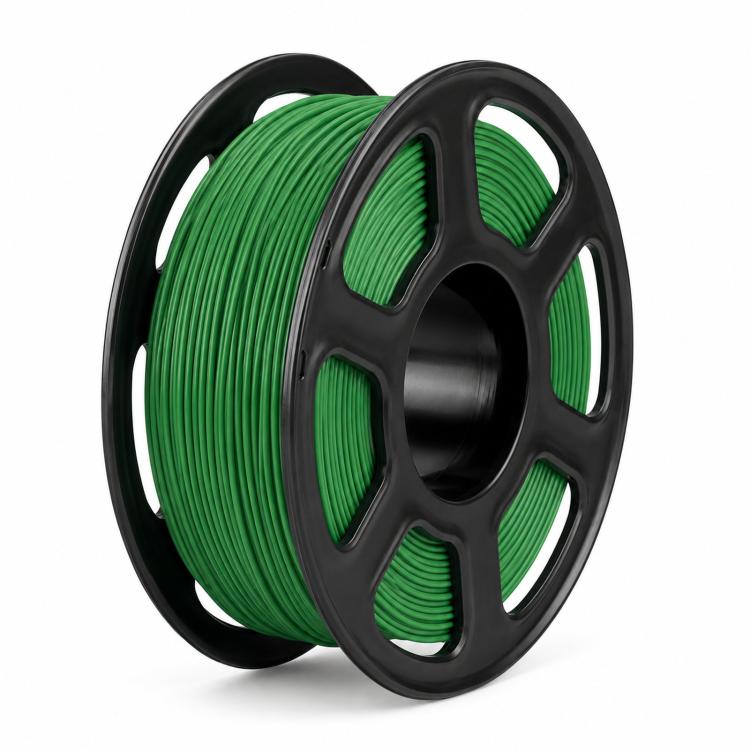 Green metallic PLA filament on black spool with tightly wound coil strands