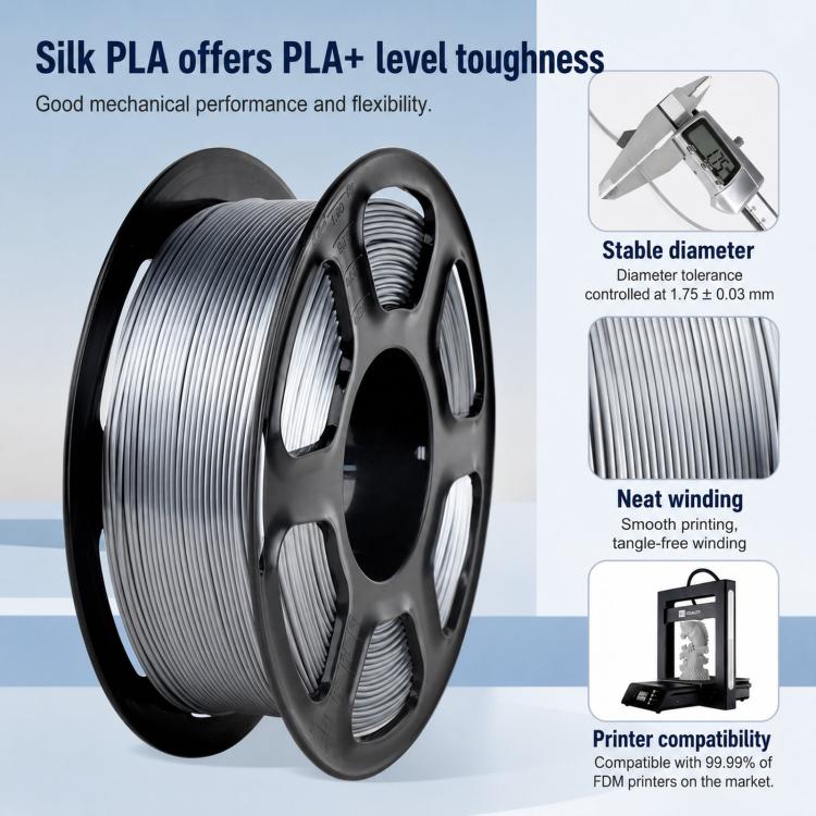 Silver metallic PLA filament on black spool, tightly wound coil for 3D printing