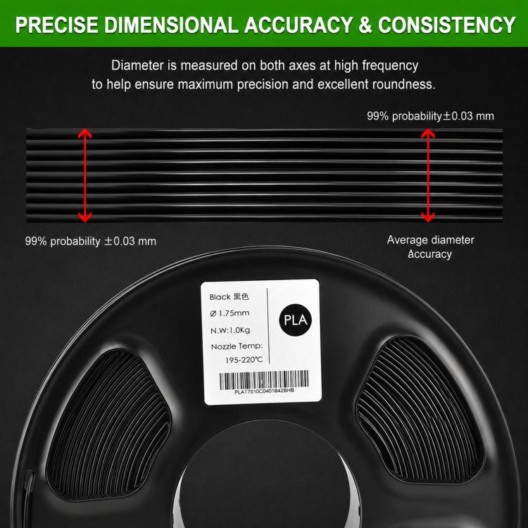 PLA 1.75mm metallic gloss filament spool, black spool with label and winding