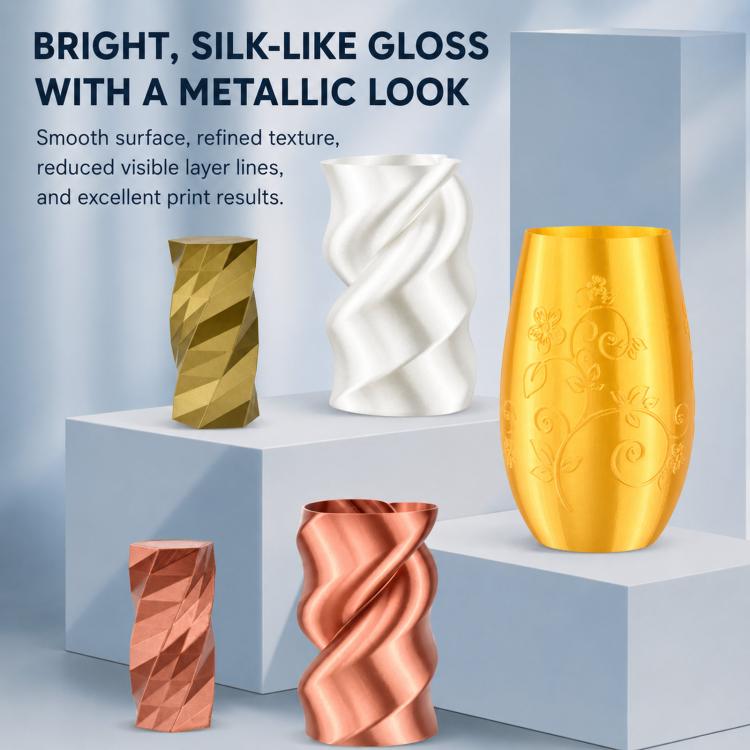 Shiny metallic gloss PLA filament samples in white, gold, and copper on display