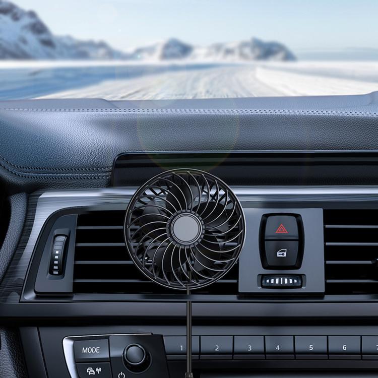 USB mini car fan with circular grille, mounted in dashboard air vent