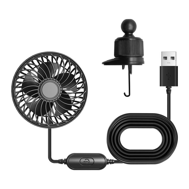 Black USB mini car fan kit: circular fan, vent clip, and coiled cable