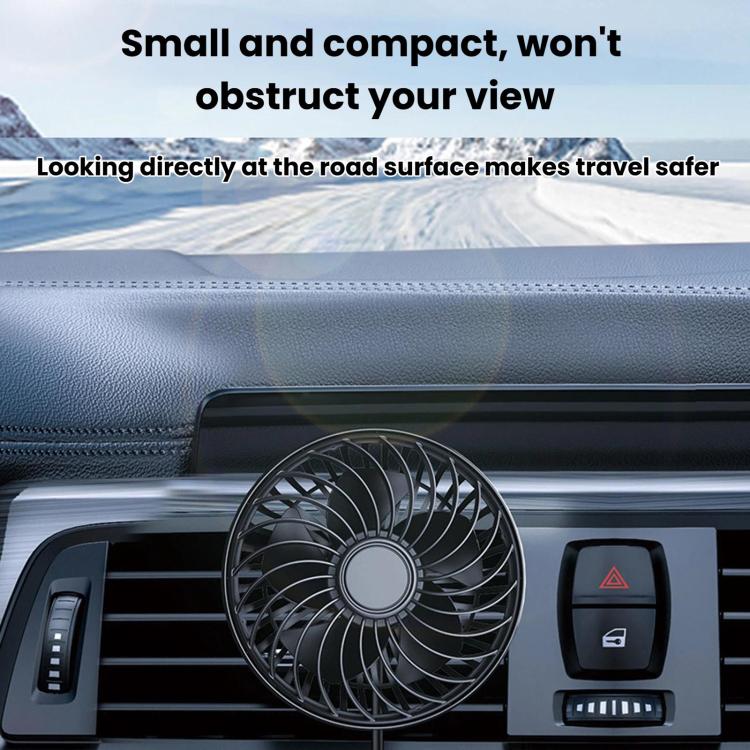 USB mini car fan sitting in car air vent with control panel beside it