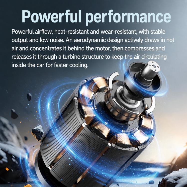 USB mini car fan close-up with round grille mounted on dashboard vent