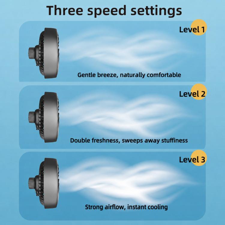 USB mini car fan showing three speed levels with fan head in three views