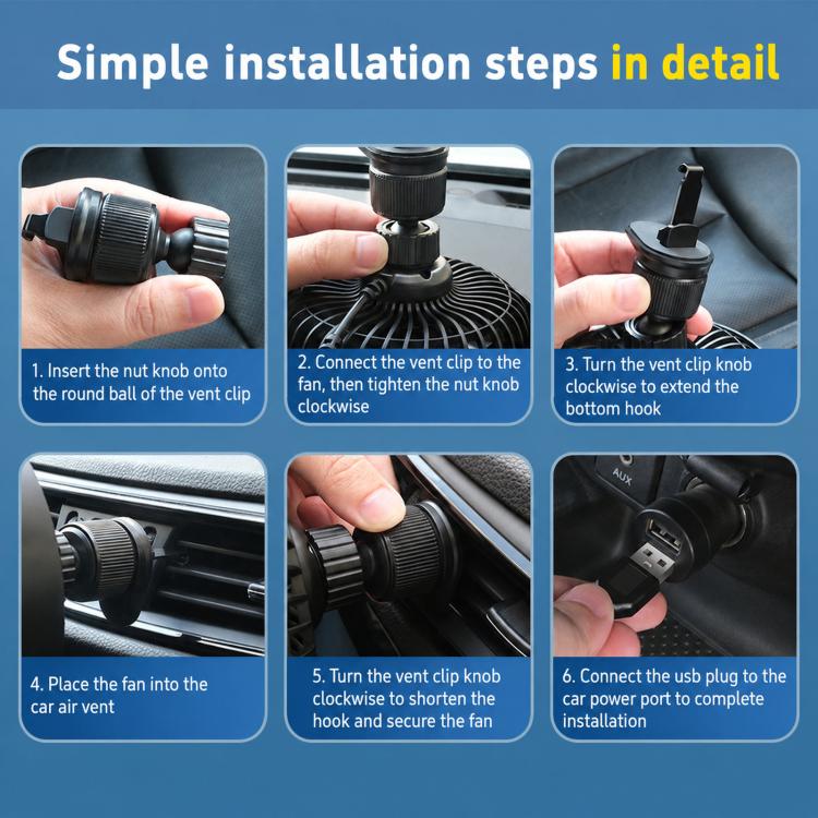 USB car vent fan installation steps with clip, hands, and USB connection