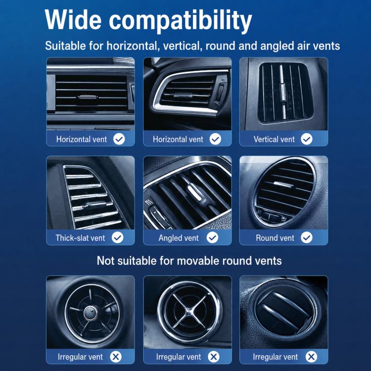 USB car vent fan compatible with horizontal, vertical, angled, and thick-slat vents