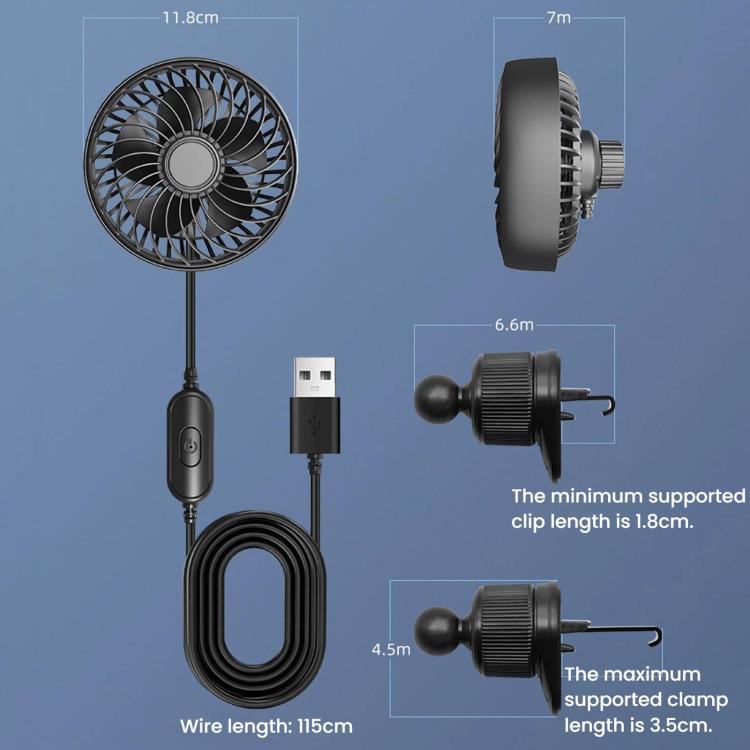 USB mini car fan dimensions diagram with wire length and clip size callouts
