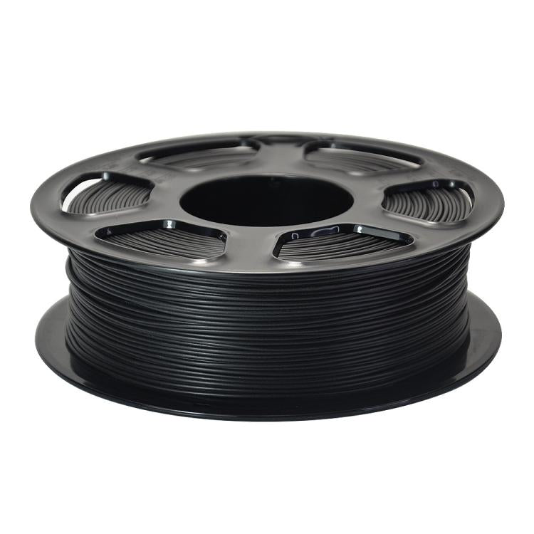 Matte PLA filament spool, dark gray strands on black reel