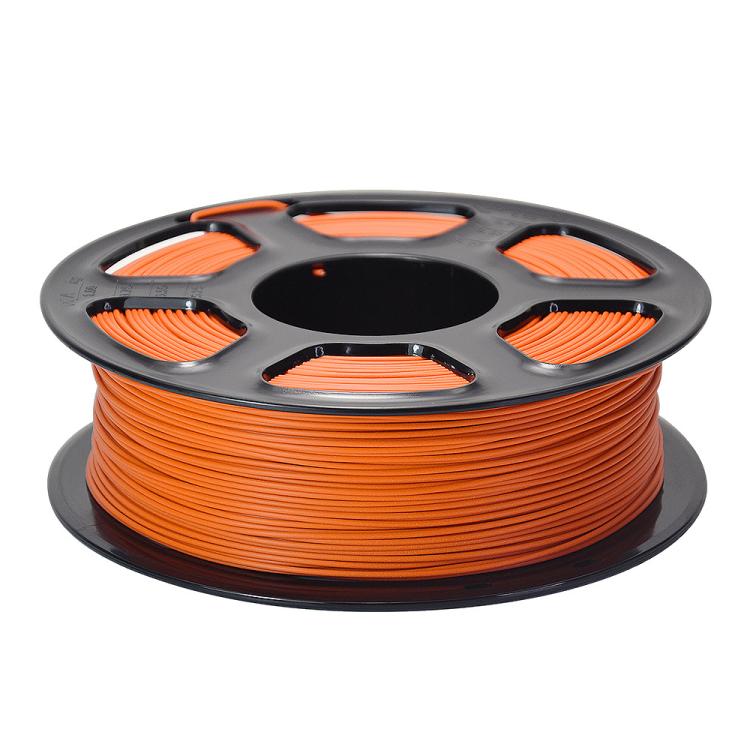 Matte PLA filament spool, orange strands on black reel