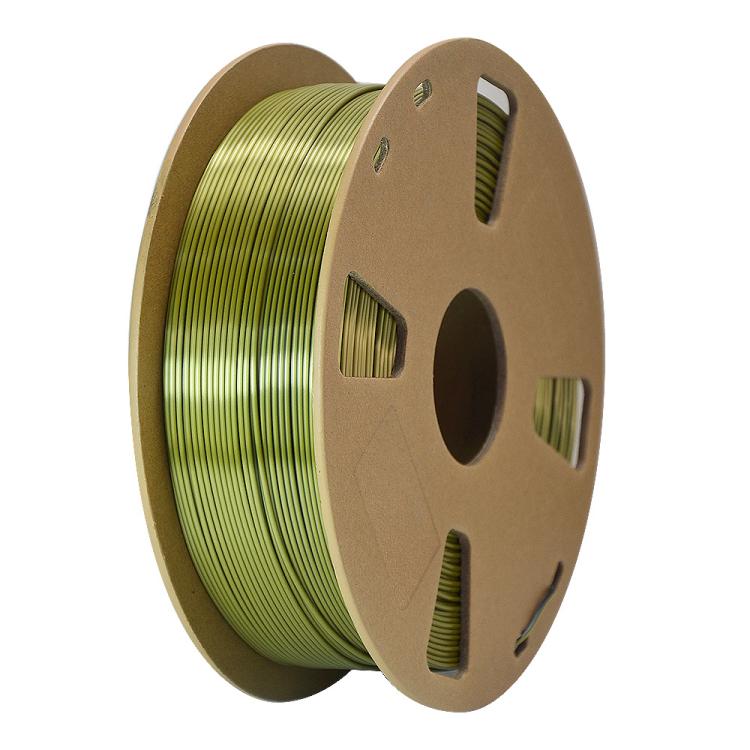 Dual-color silk PLA filament spool, metallic green-to-gold color-shift finish