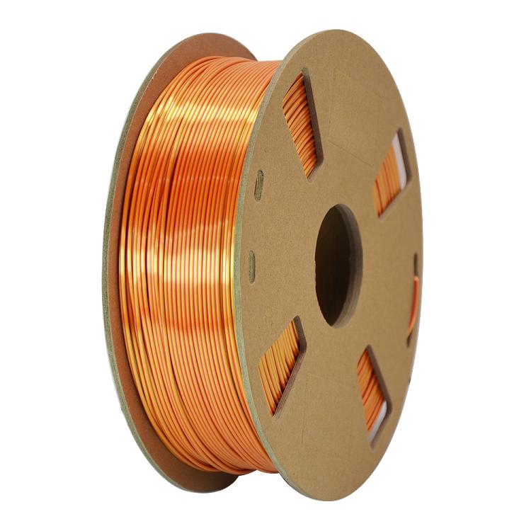 Dual-color silk PLA filament spool, metallic copper-to-orange color-shift finish
