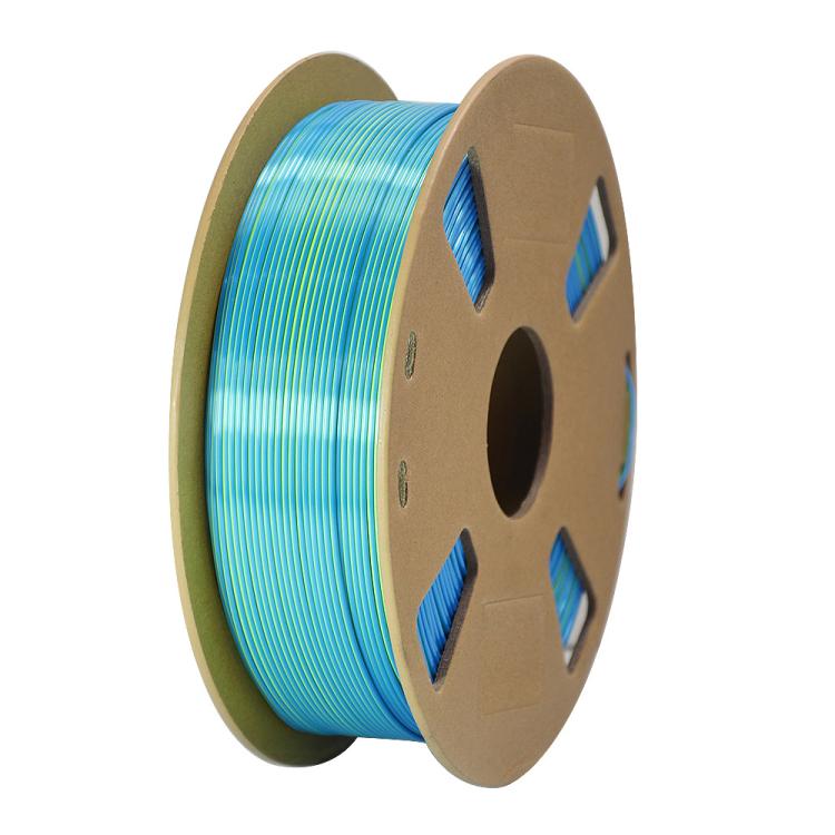 Dual-color silk PLA filament spool, shiny blue-to-cyan metallic color shift