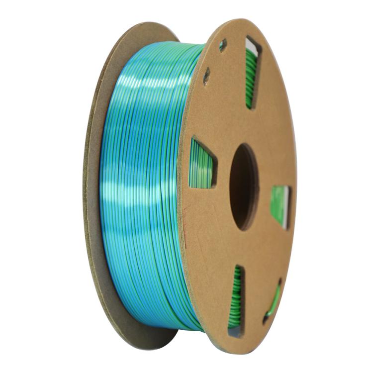 Dual-color silk PLA filament spool, blue-green metallic color-shift finish
