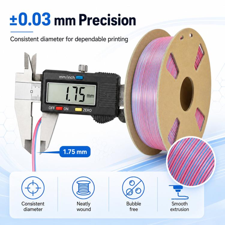 Dual-color metallic PLA filament spool with caliper measuring 1.75mm