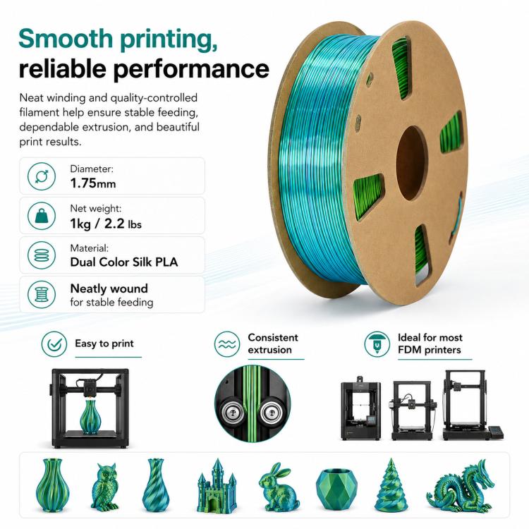 Dual-color metallic PLA filament spool with product performance icons and render