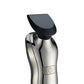 Stainless shaver body with black trimmer head attachment and visible power icon
