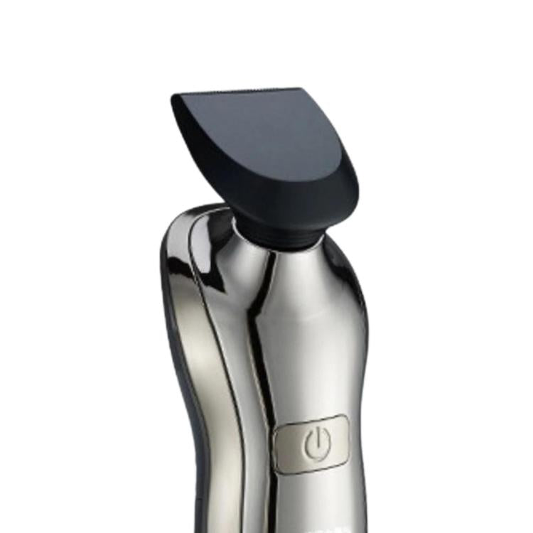 Stainless shaver body with black trimmer head attachment and visible power icon