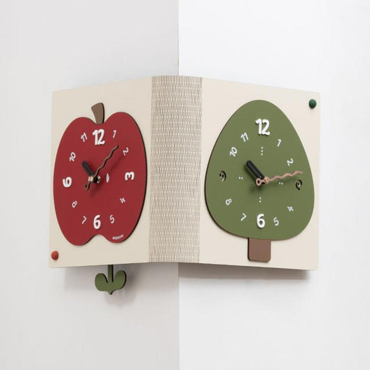 Beige two-dial corner wall clock with red and green faces, dark hands, arched mount