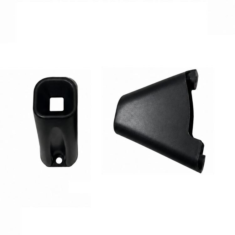Black radiator frame bracket, molded plastic with square opening and bottom hole.
