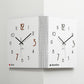 White dual-sided corner wall clock with black hands and small here/elsewhere markers