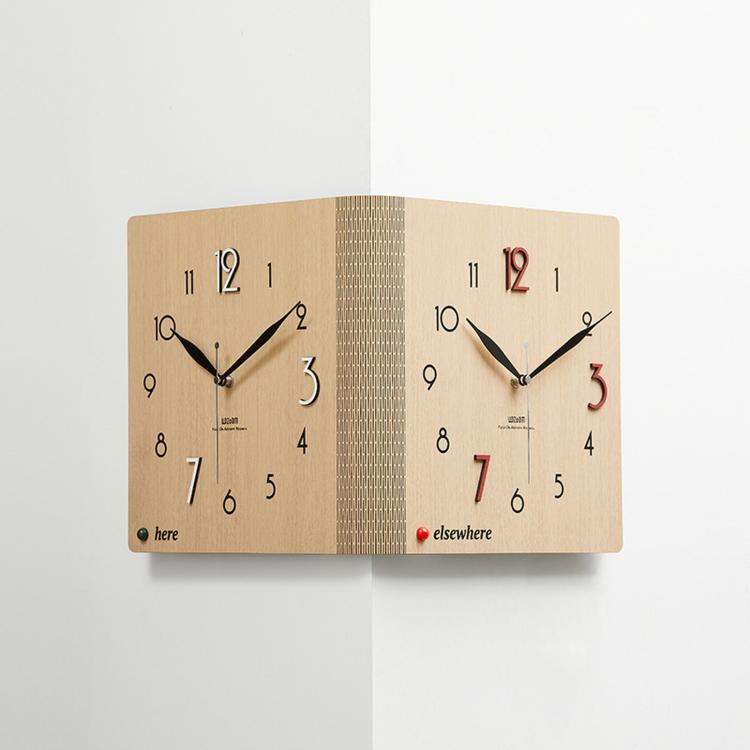 Woodgrain brown dual-sided corner wall clock with black hands and numbers on two faces