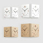 Dual-sided corner wall clock set in white and woodgrain brown, shown in multiple sizes