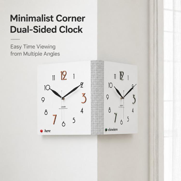 White dual-sided corner wall clock with black hands, curved corner design, two faces