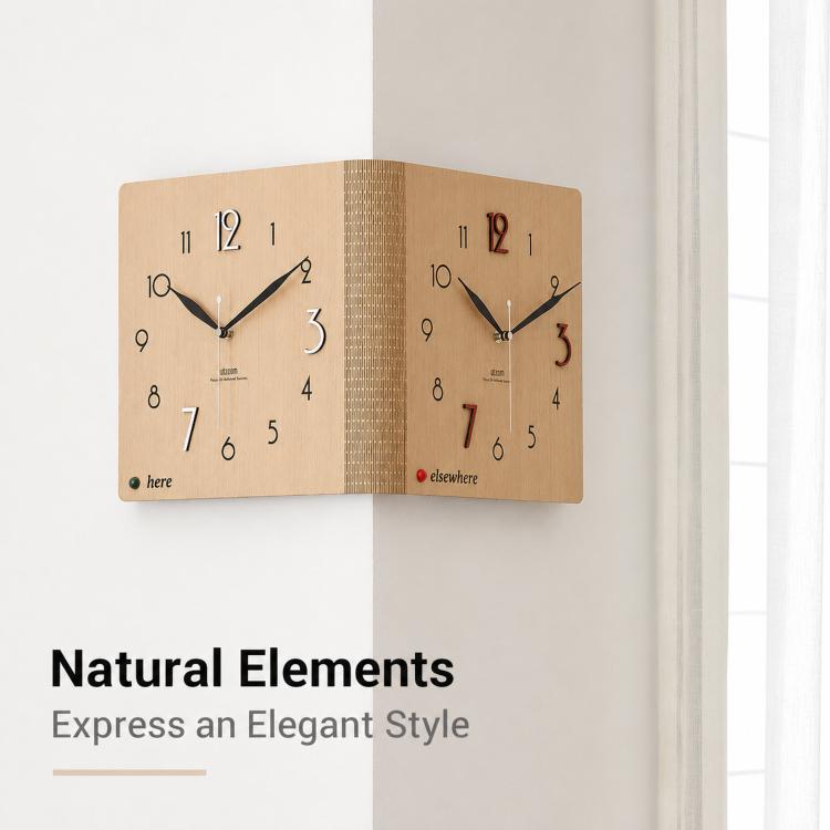Woodgrain brown dual-sided corner wall clock with black hands and red accent numbers