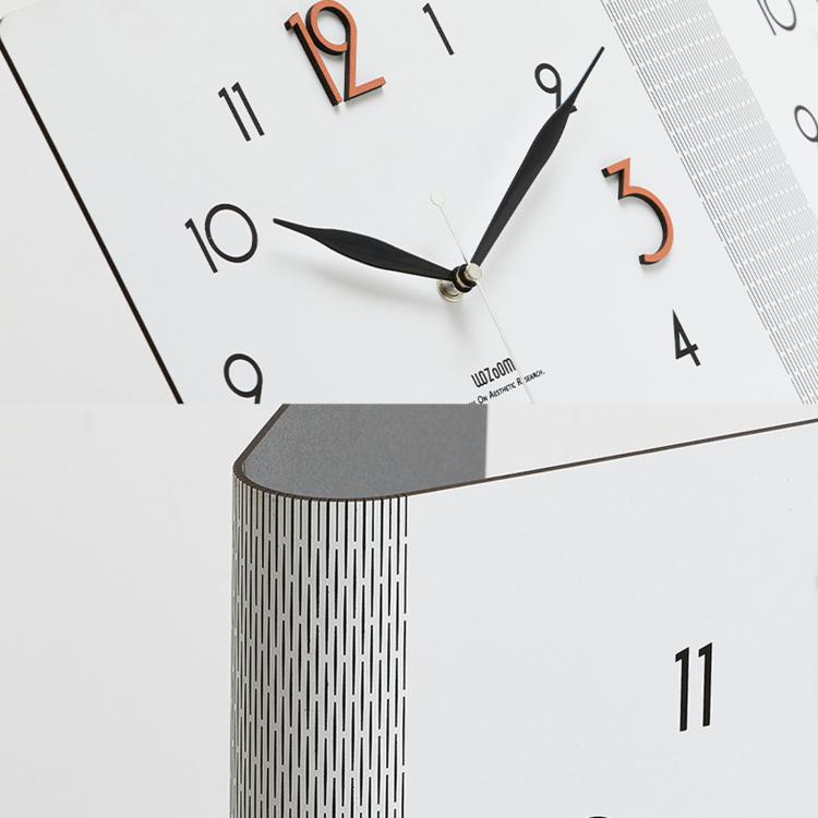 Corner wall clock with white face, black hands, and large colored numbers