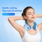 Blue wearable neck cooling wrap worn on neck for hands-free cooling