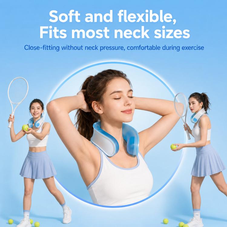 Blue soft neck cooling wrap showing flexible fit and close-to-neck design