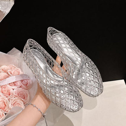 Transparent jelly crystal toe-cap flat sandals, silver-toned woven crisscross