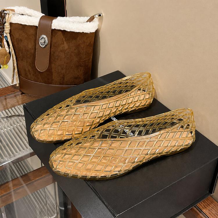 Flat hollow jelly crystal toe-cap sandals, light champagne lattice, rounded toe