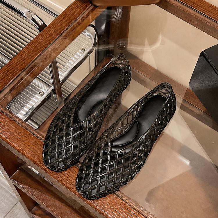 Black jelly flat sandals, crystal grid toe-cap and open hollow design, low heel