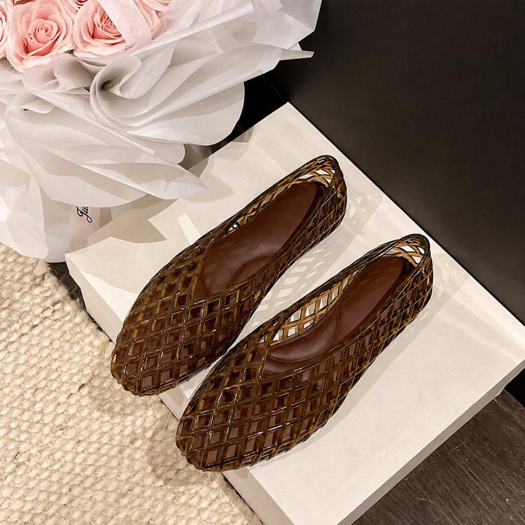 Flat jelly crystal toe-cap sandals with hollow lattice design, dark brown, rounded toe