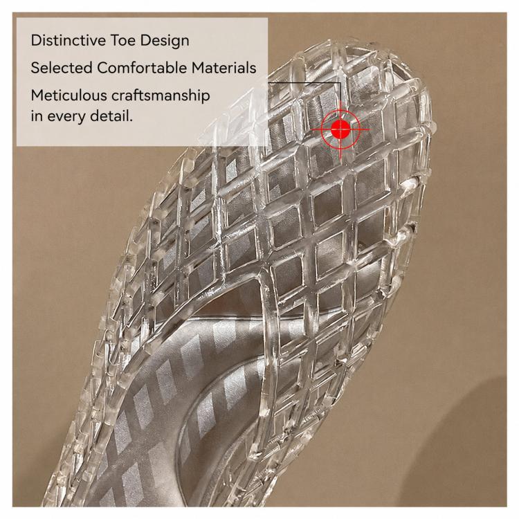 Clear jelly crystal sandal side view, textured hollow lattice toe cap