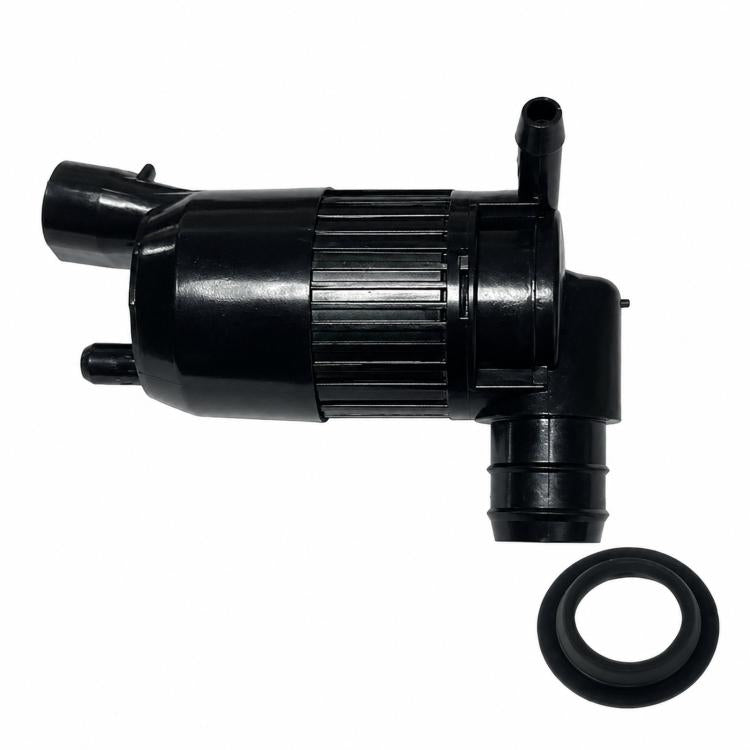 Black windshield washer pump motor with rubber gasket ring and plastic inlet/outlet